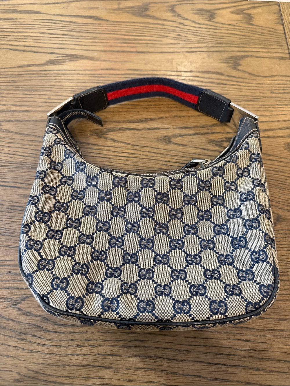 Gucci Blue & Beige GG Canvas Top-Handle Shoulder Bag with Red-Blue Strap
